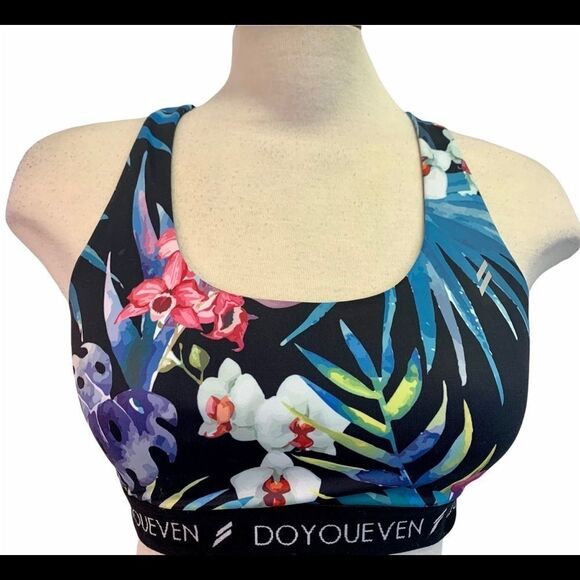 DOYOUEVEN black multicoloured floral tropical crisscross back sports bra Sz L - Picture 2 of 7